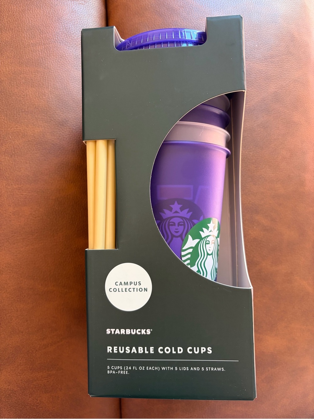 Starbucks Purple Reusable Cold Cups with Green Logo and Cream Straws